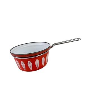 Vintage 1960's Cathrineholm Red White Lotus Pot w/Handle & Lid Made In Norway